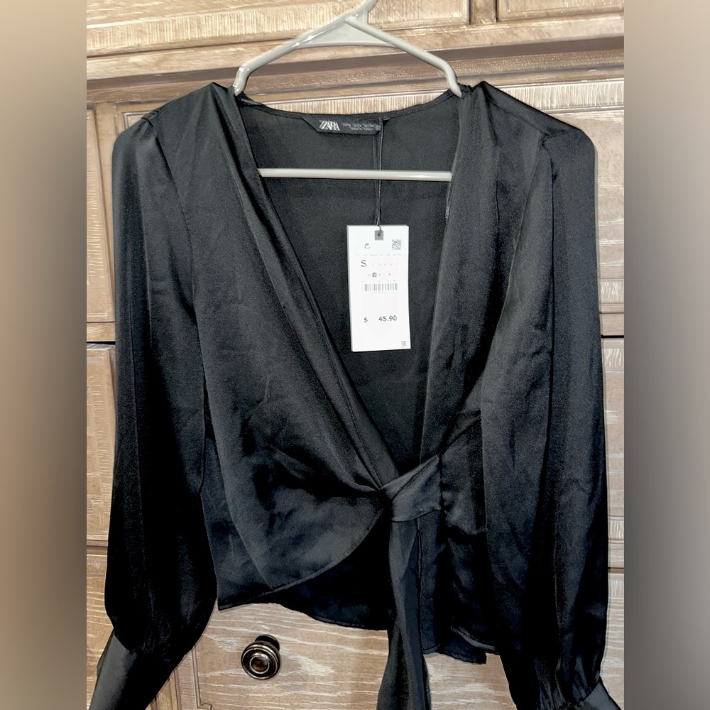 Zara NWT silk top w/ pearl detail